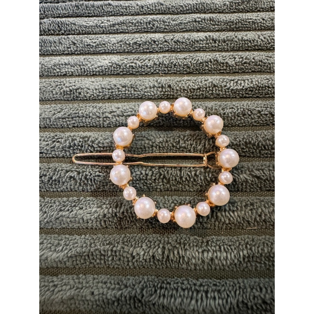 Gold Pearl Circle‎ Hair Clip Barrette Womens Elegant Fashion Accessory